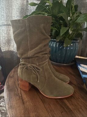 Olive Suede Mid-Calf Slouch Boots with Tie Accent